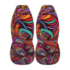 Psychedelic swirl front car seat covers with trippy rainbow vortex pattern on universal bucket seats