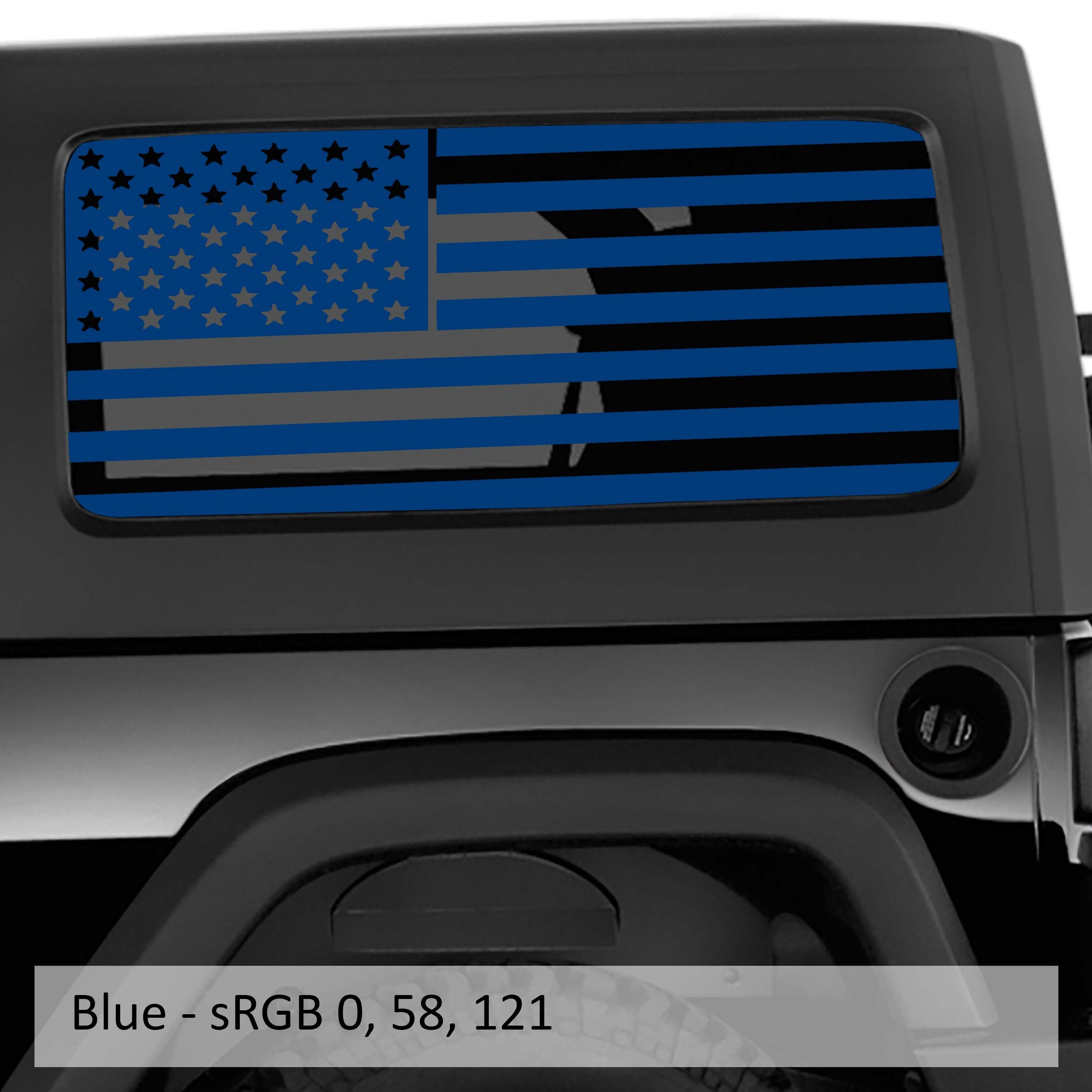 Blue American flag window decal pair on Jeep Wrangler JK 2-door hardtop rear side glass