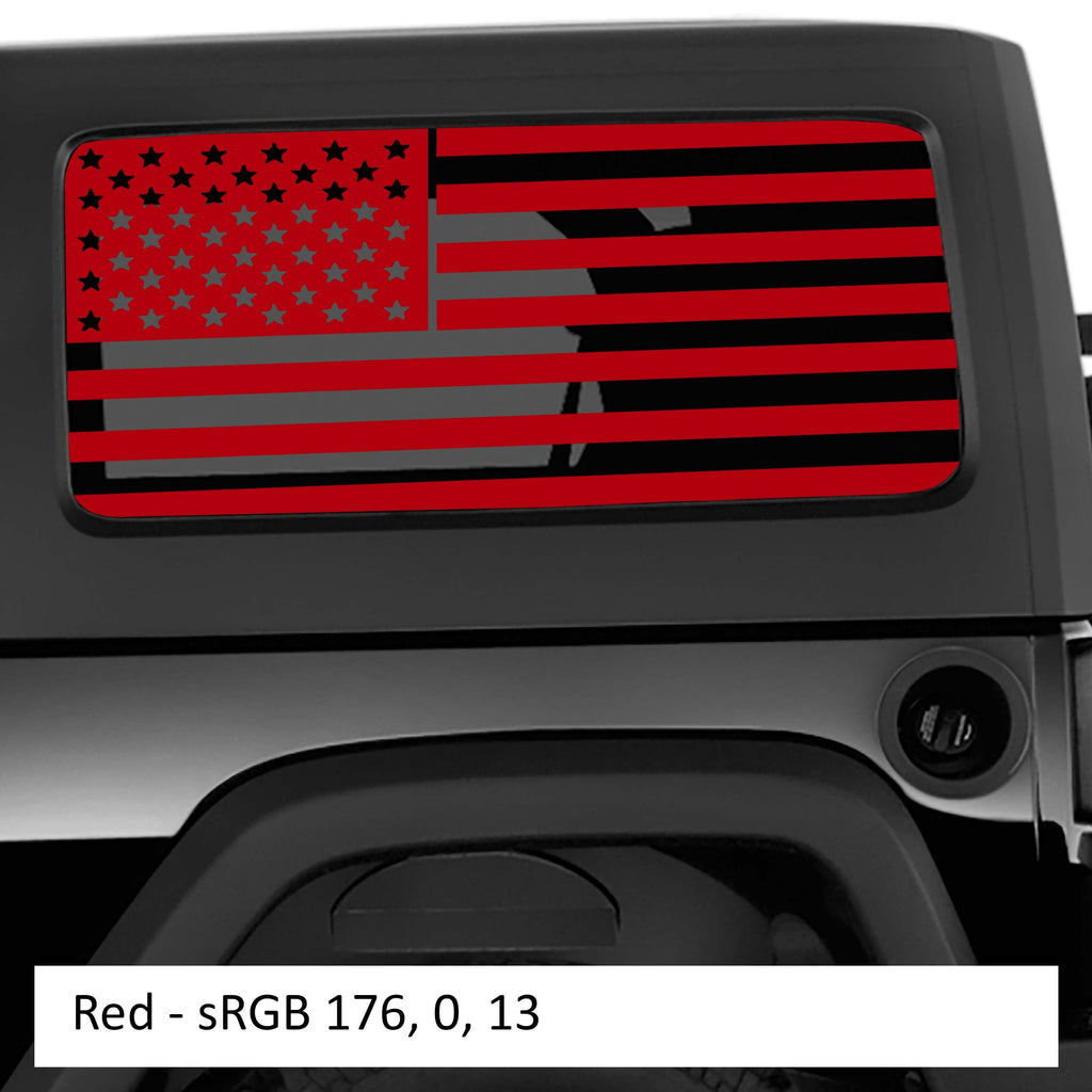 Red American flag window decal pair on Jeep Wrangler JK 2-door hardtop rear quarter glass