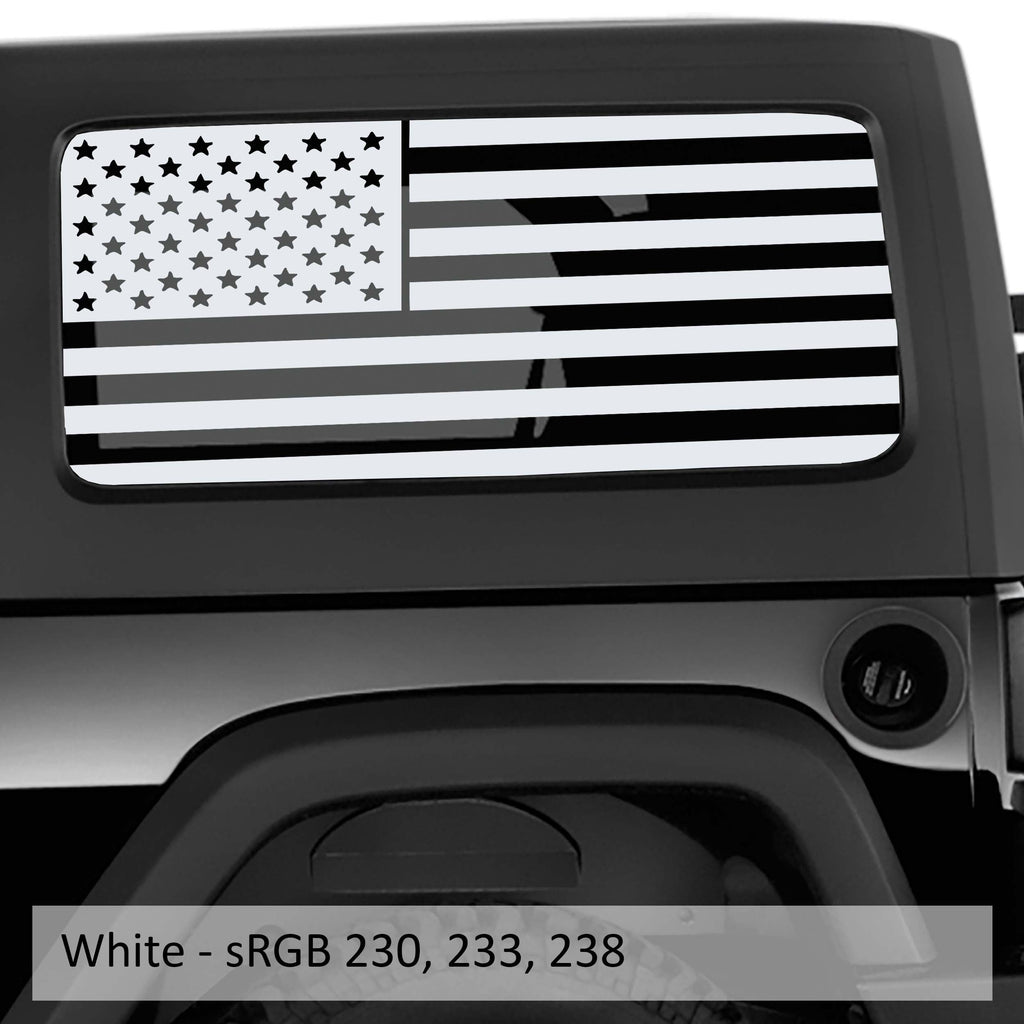 White American flag window decal pair on Jeep Wrangler JK 2-door hardtop rear side glass