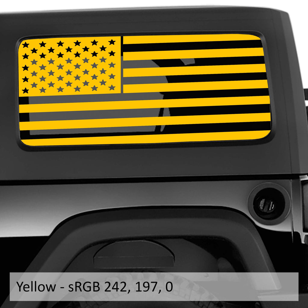 Yellow American flag window decal pair on Jeep Wrangler JK 2-door hardtop rear quarter glass