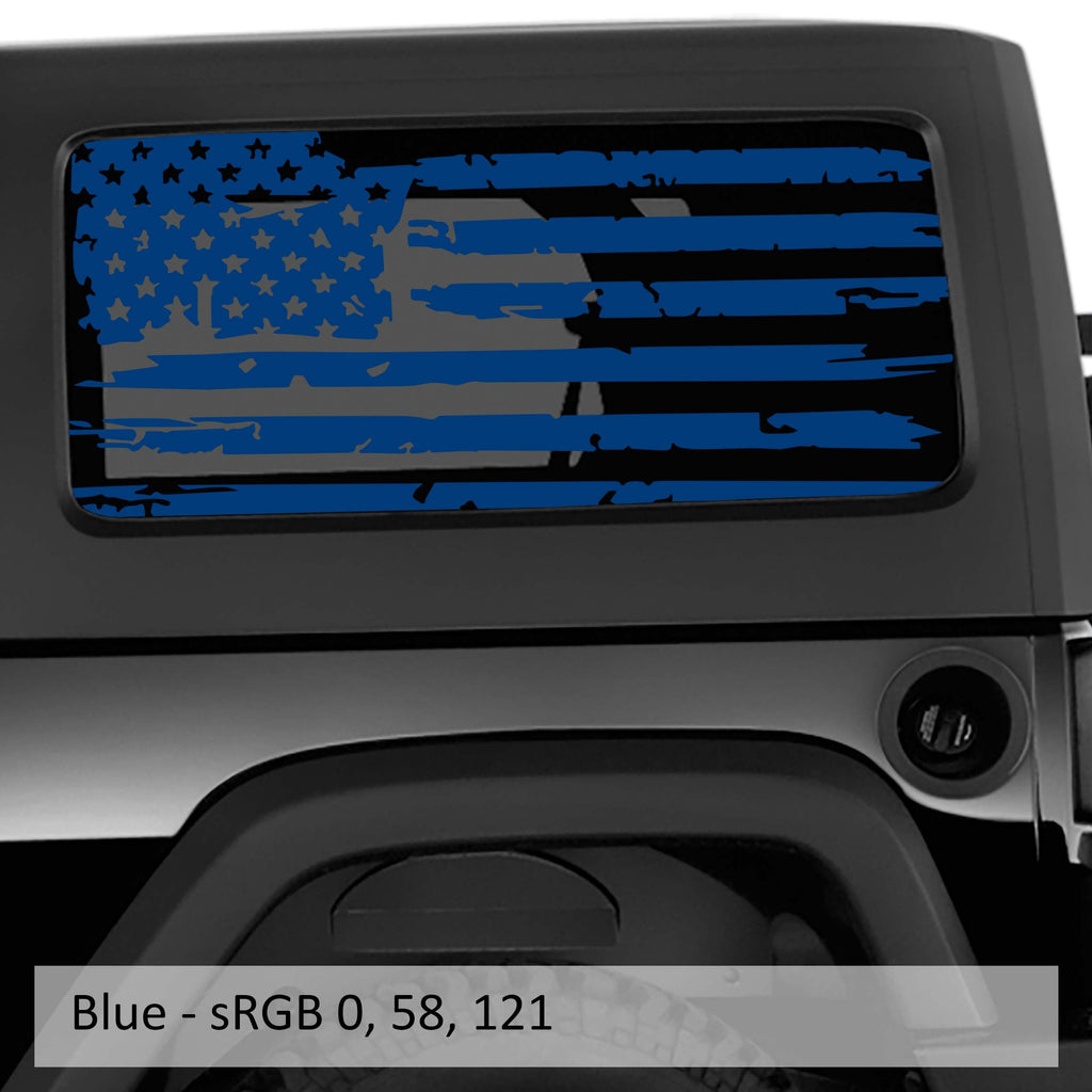 Blue distressed tattered American flag decal applied to Jeep Wrangler hardtop rear side window