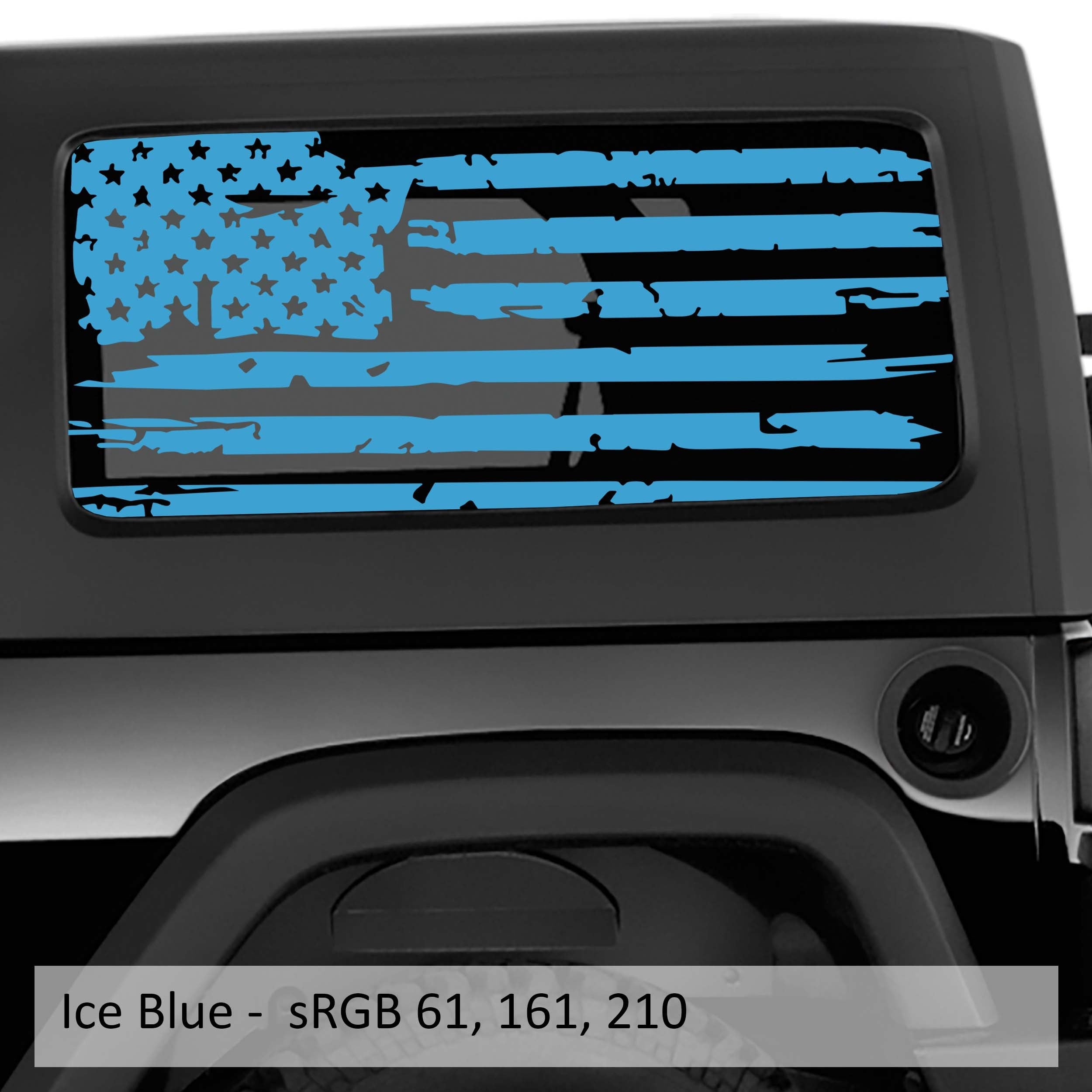 Ice blue distressed tattered American flag decal on Jeep Wrangler hardtop rear quarter window