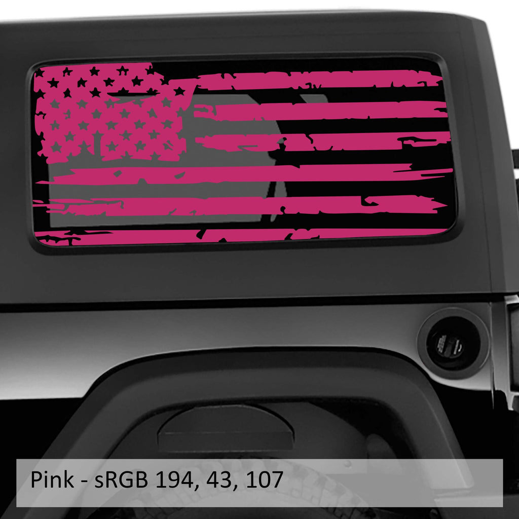 Pink distressed tattered American flag decal on Jeep Wrangler hardtop rear quarter window glass