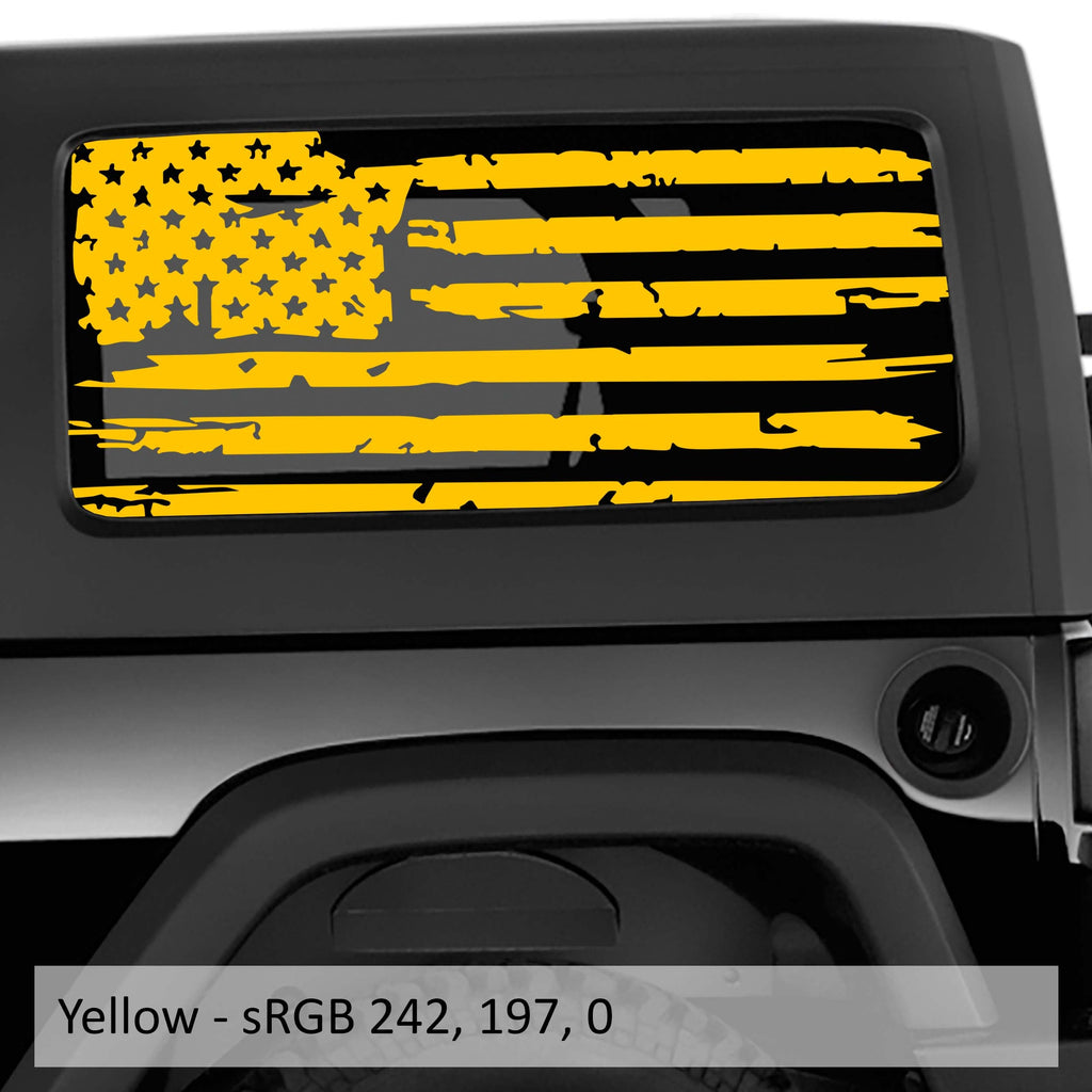 Yellow distressed tattered American flag decal on Jeep Wrangler hardtop rear quarter window