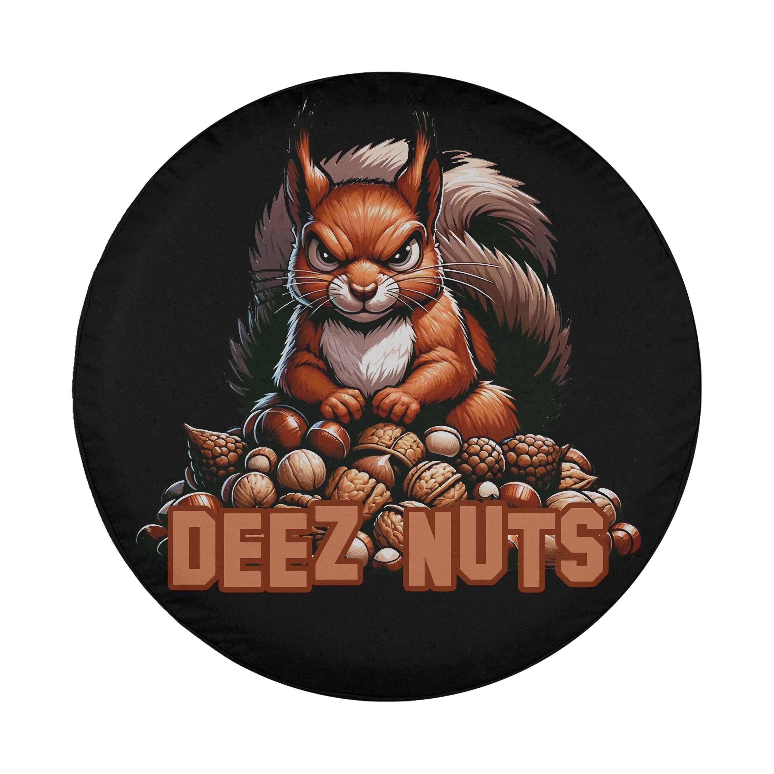 Flat round squirrel deeze nuts tire cover closeup with grumpy orange squirrel guarding acorn walnut hoard