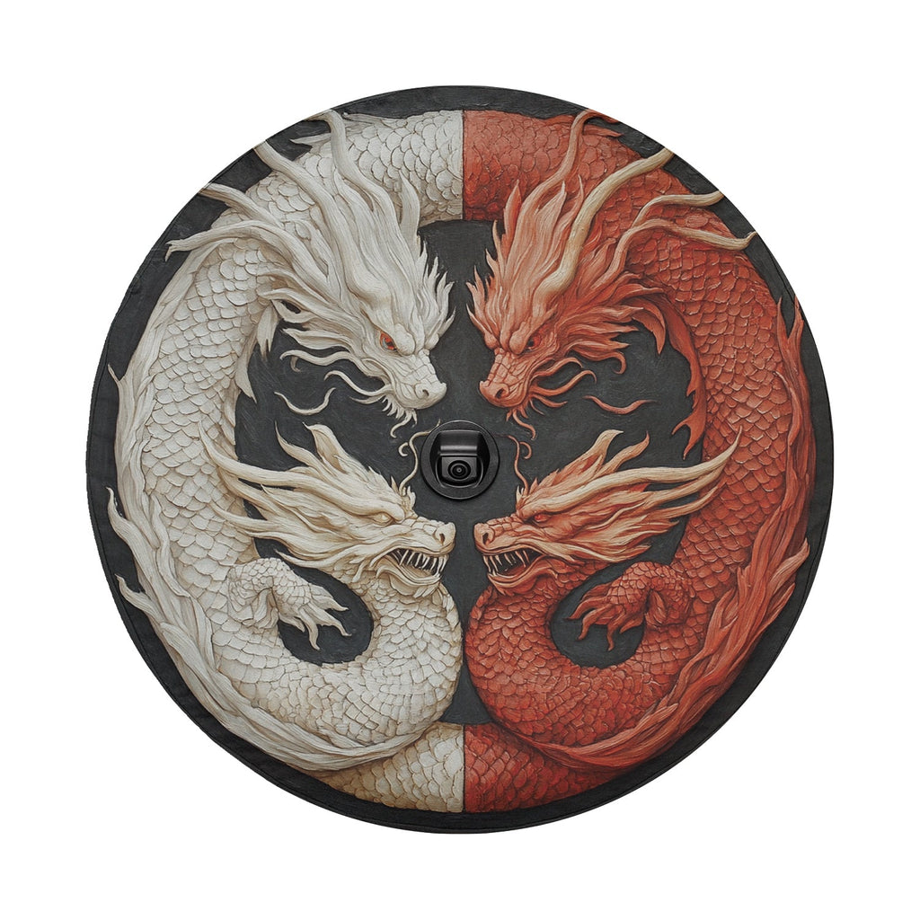 Balance of the Dragons spare tire cover detail showing carved twin dragons with backup camera cutout