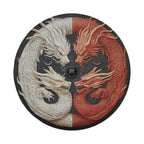 Balance of the Dragons spare tire cover detail showing carved twin dragons with backup camera cutout