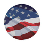 Round spare tire cover with rippling American flag design blue stars and red white stripes on white