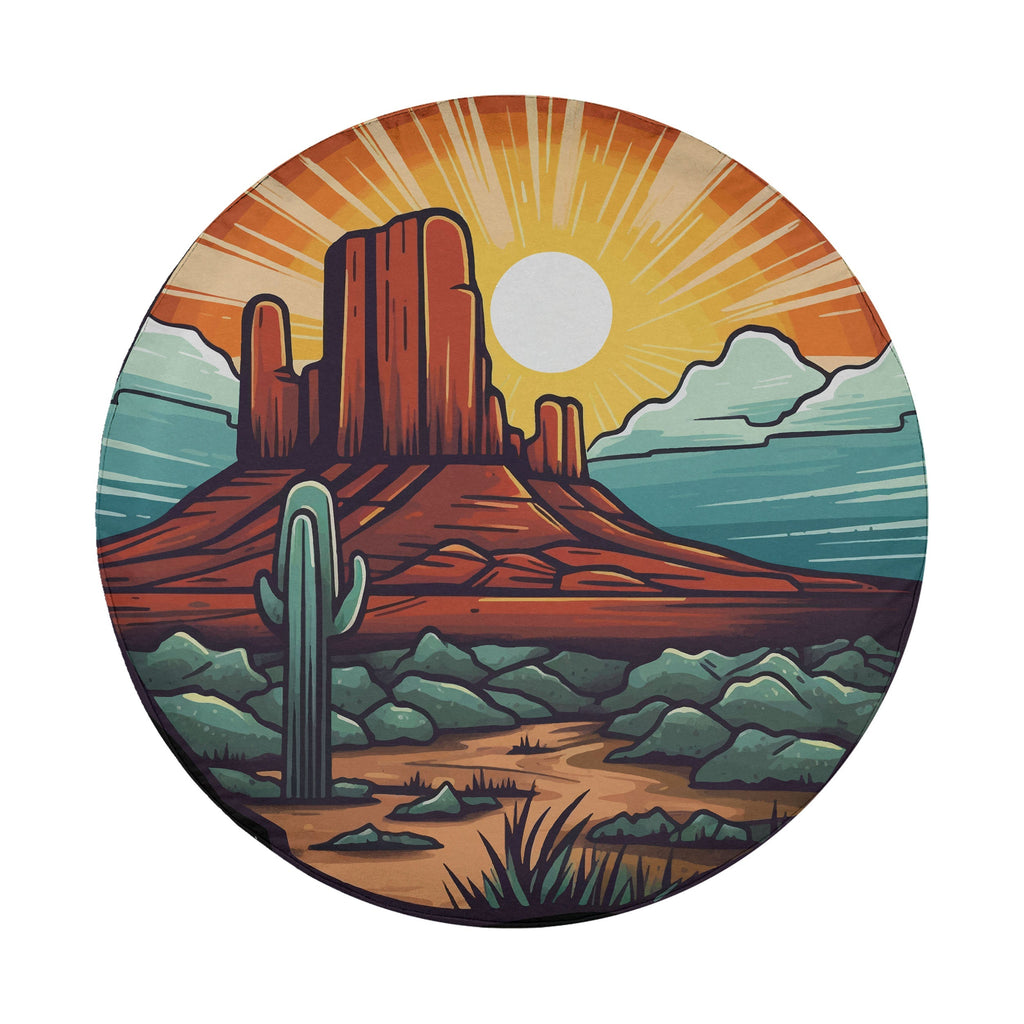 Flat round sunset over Sedona tire cover closeup with red rock buttes saguaro cactus and orange sun rays