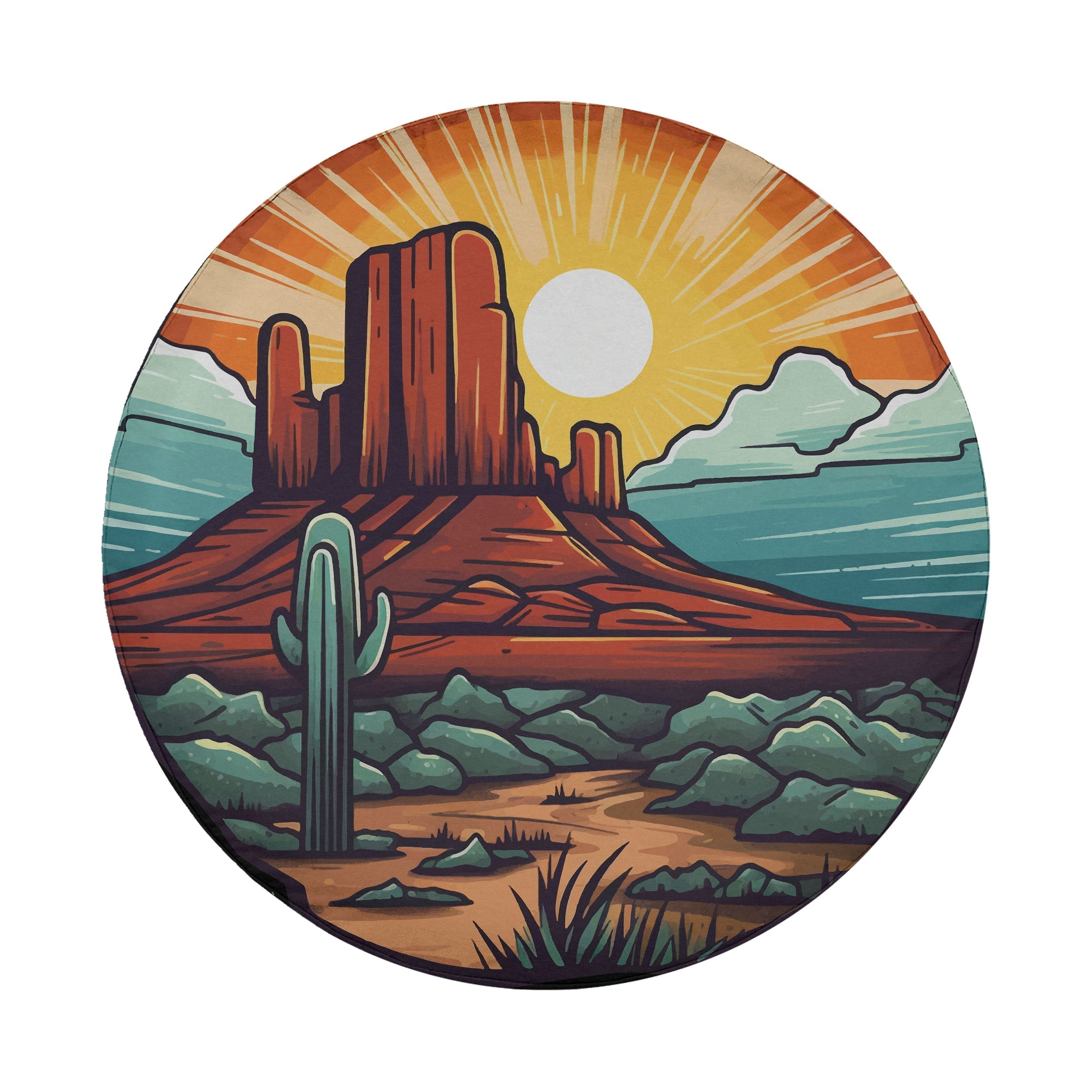 Flat round sunset over Sedona tire cover closeup with red rock buttes saguaro cactus and orange sun rays