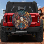 Dragons Ace of Mischief tire cover on a red Ford Bronco with colorful dragon heads circling poker cards