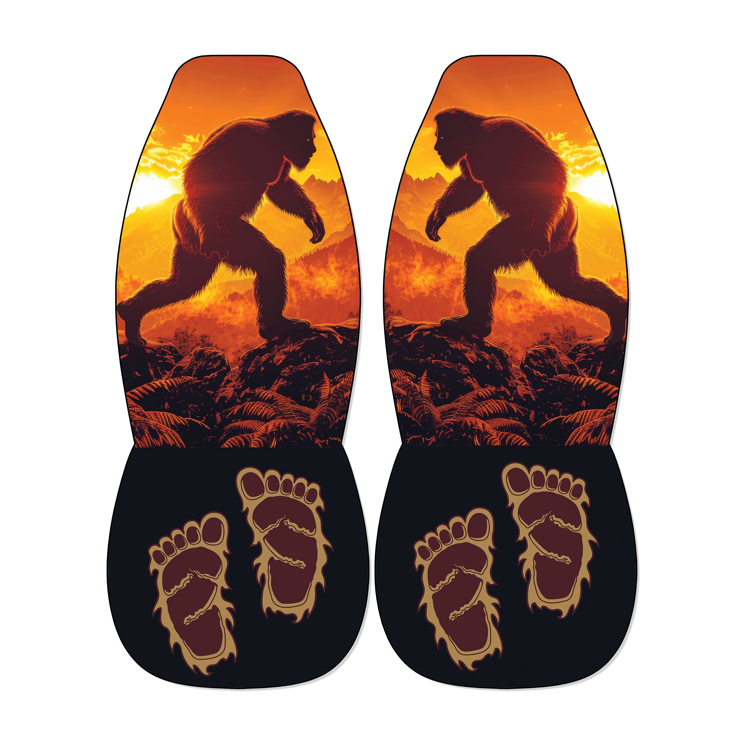 a pair of shoes with a unique design, including a silhouette of a large, furry creature and two feet with an intricate, claw-like pattern.