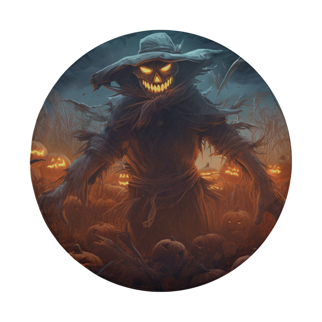 A spooky, eerie figure with glowing eyes and a menacing expression stands amidst a field of pumpkins, creating a haunting and ominous atmosphere.