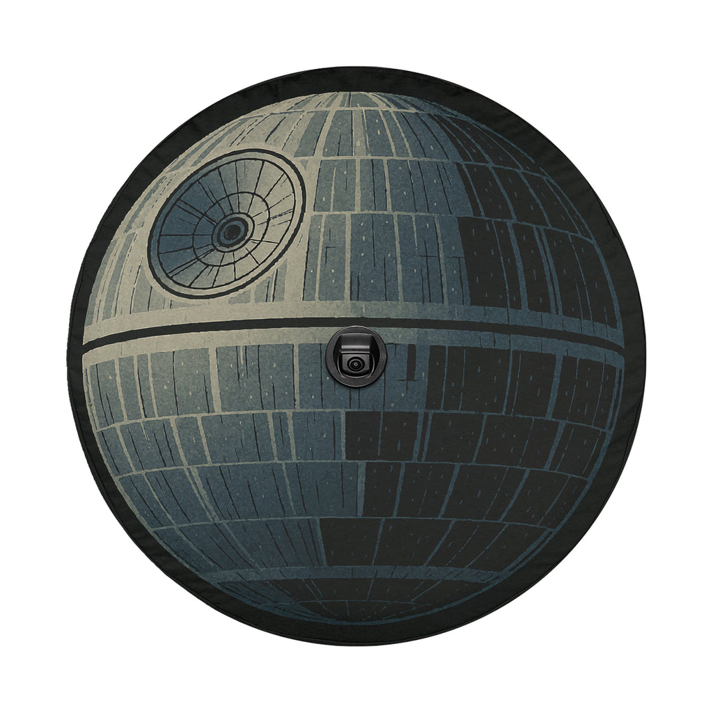 That's No Moon spare tire cover on red Ford Bronco with Death Star sci-fi design