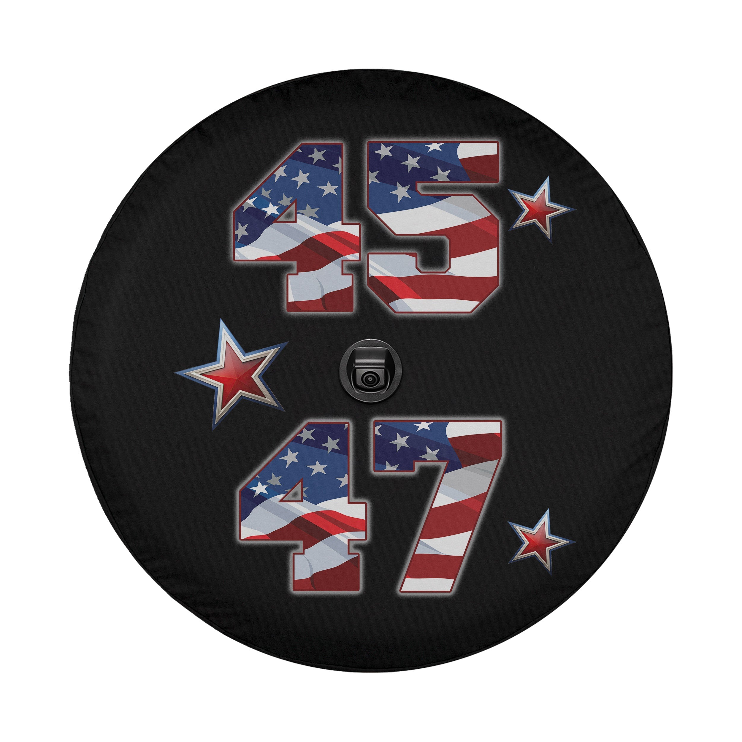 A black wheel cover with the numbers "45" and "47" printed on it, along with American flag designs and stars.