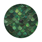 Close-up green mermaid scale spare tire cover disc showing fish scale art and backup camera hole opening