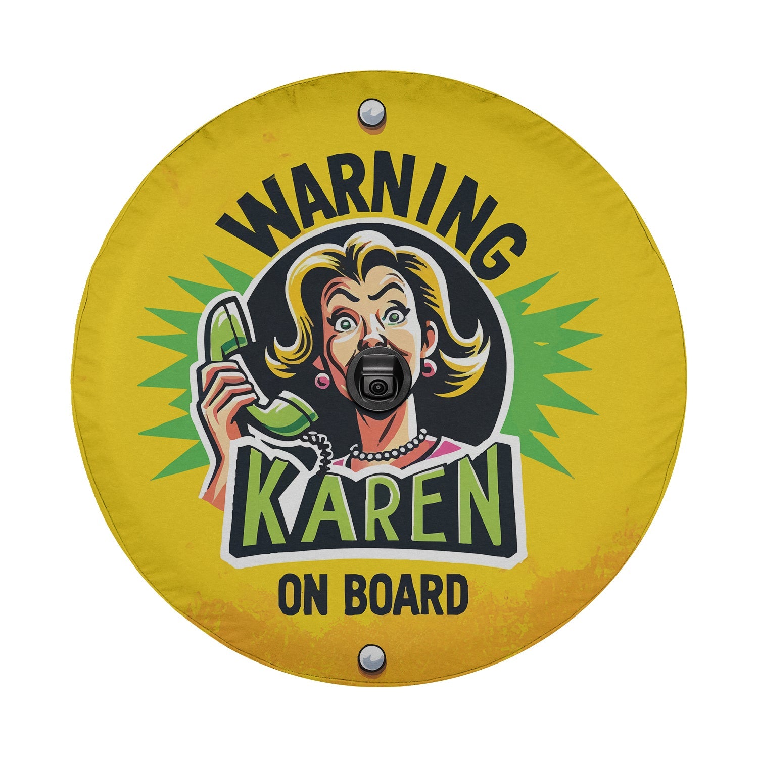 Warning Karen on Board tire cover Ford Bronco rear desert mockup with vintage yellow Karen warning sign
