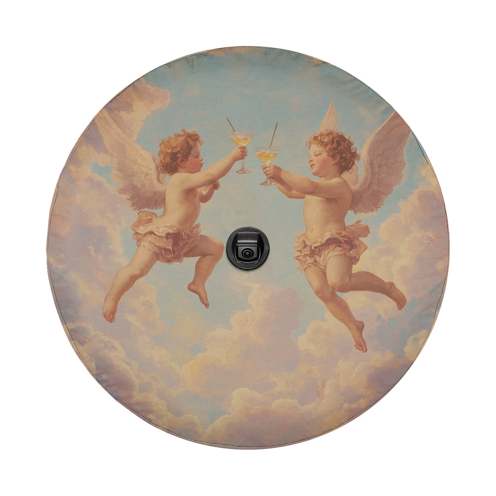 Angels' Toast spare tire cover flat view with painted cherubs clinking glasses and camera cutout