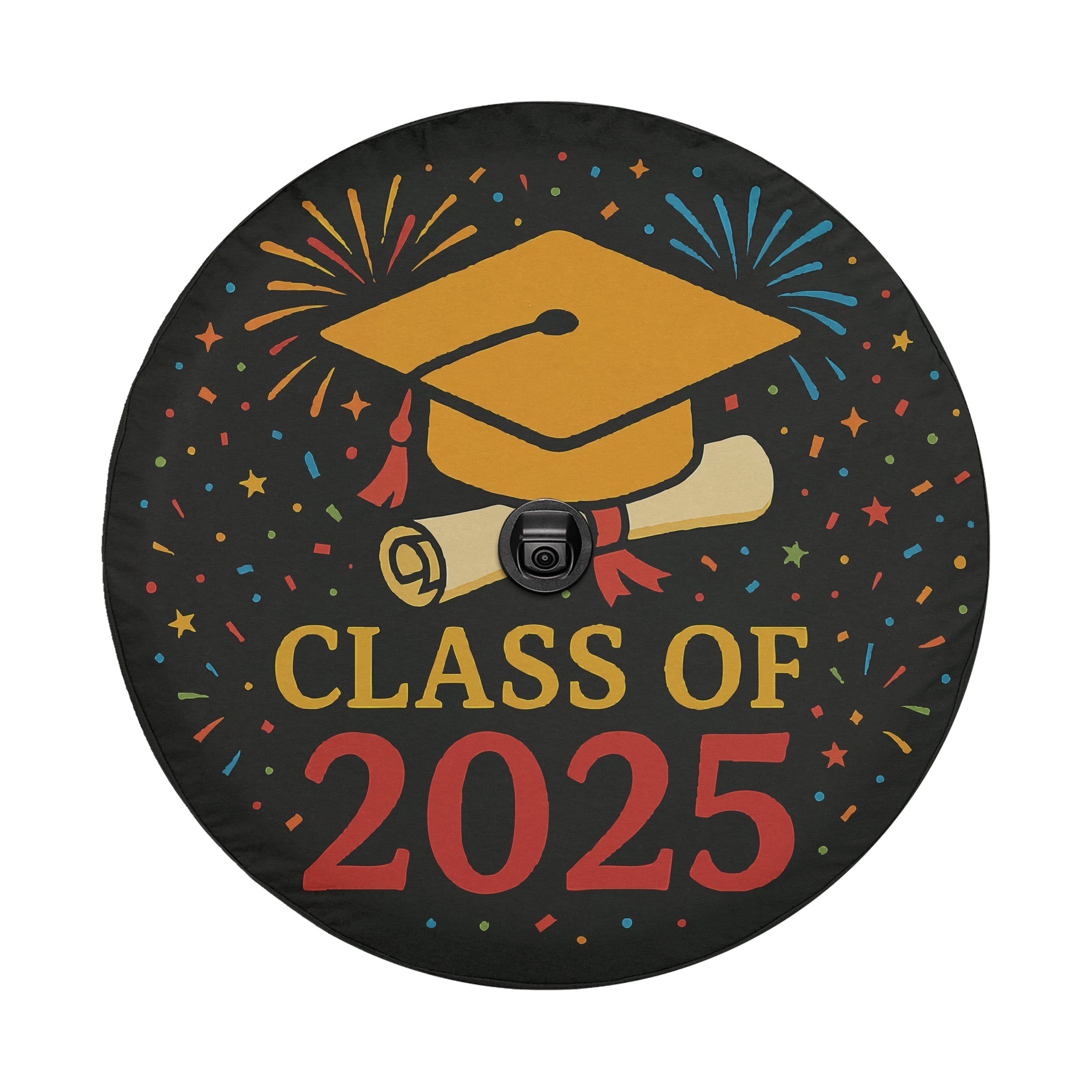 Class of 2025 spare tire cover front view with grad cap diploma fireworks on black