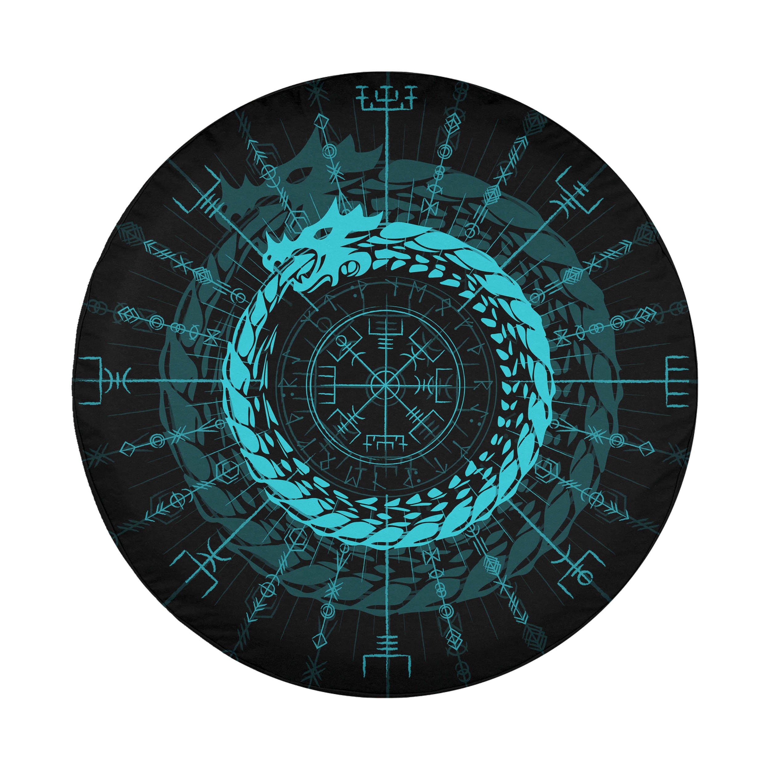 a circular design with a blue dragon-like creature at the center, surrounded by various symbols and patterns in shades of blue and black.