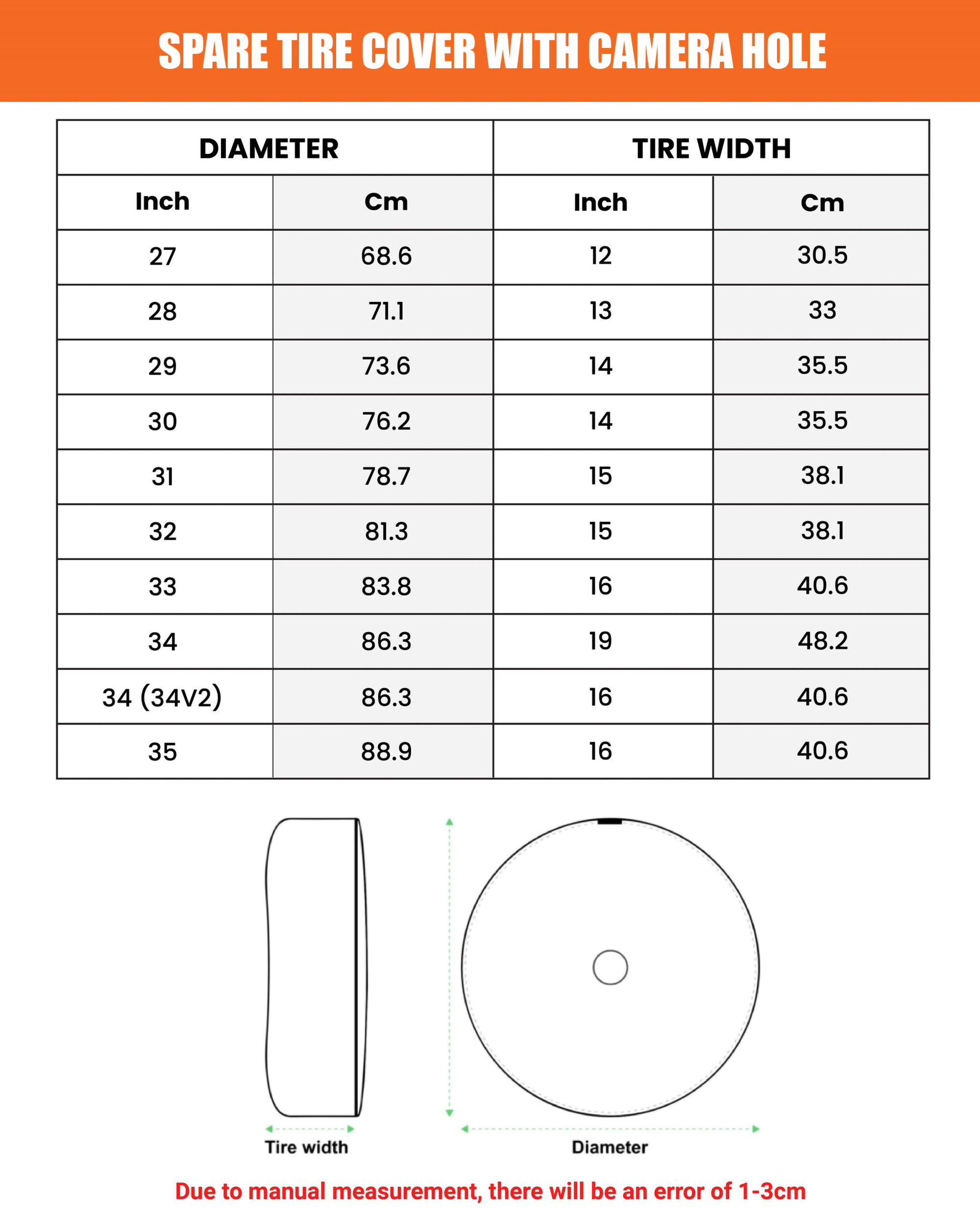 Sasquatch Stripes spare tire cover sizing chart graphic showing diameter and tire width specifications