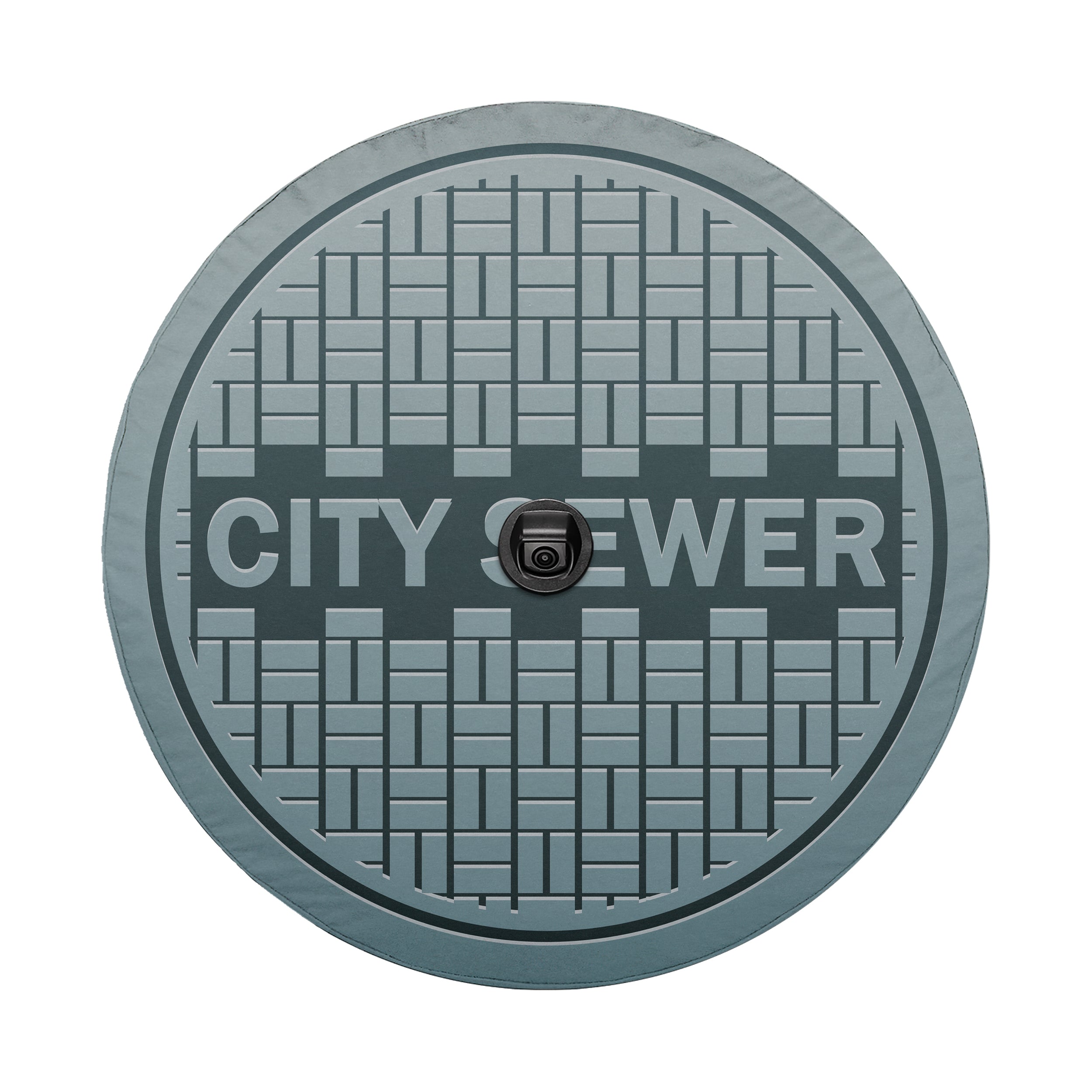 Sewer manhole cover spare tire cover alternate angle showing full graphic