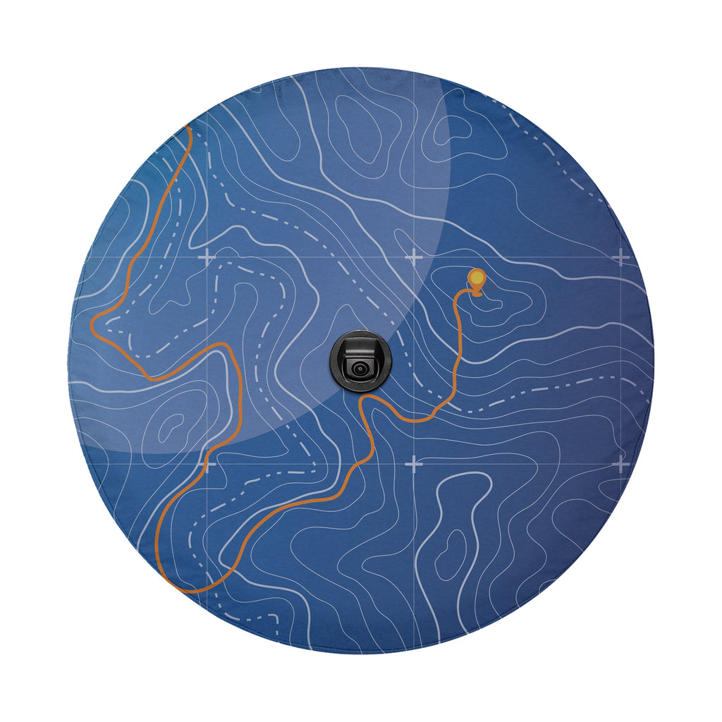 Topographic trails spare tire cover on a black Jeep Wrangler showing the GRAFFIX rear bumper sticker