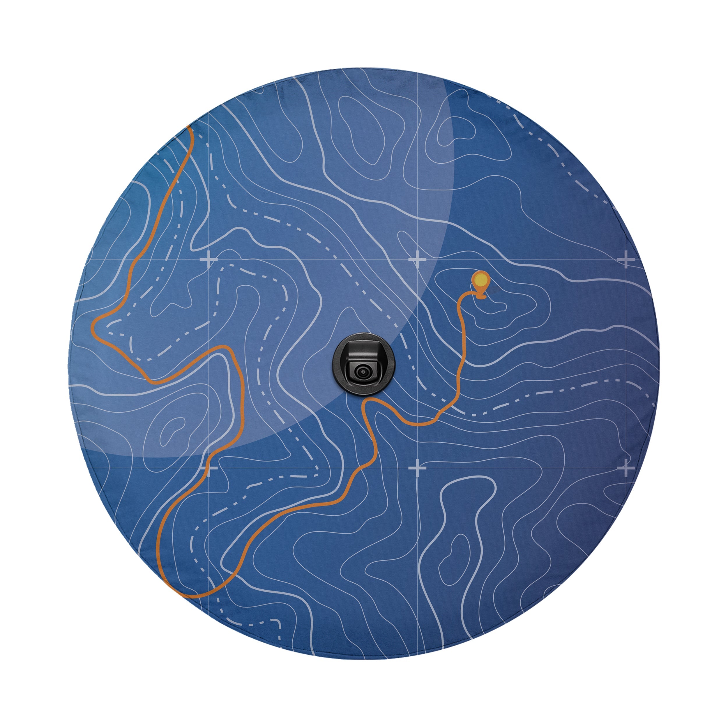 Topographic trails spare tire cover on a black Jeep Wrangler showing the GRAFFIX rear bumper sticker