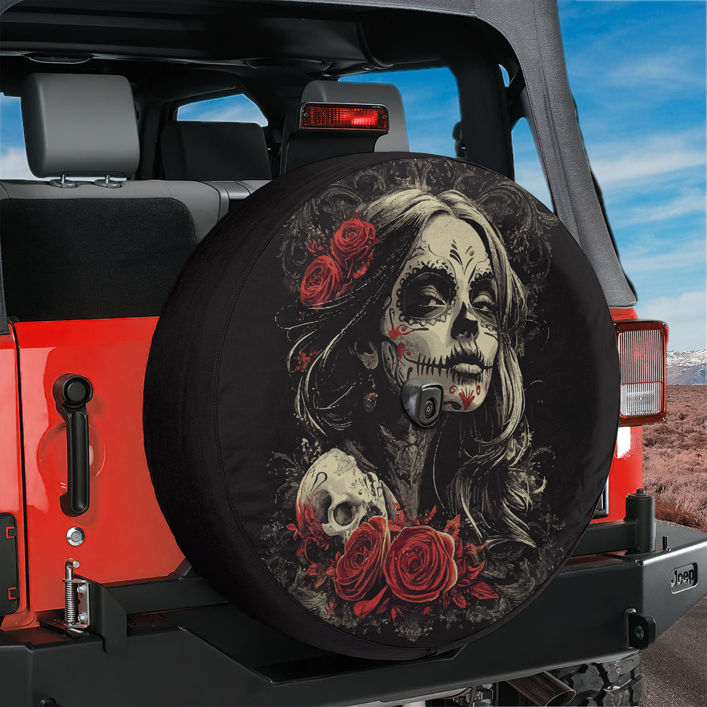 Dia de los Muertos Beauty spare tire cover with sugar skull woman on black Jeep CDD GRAFFIX