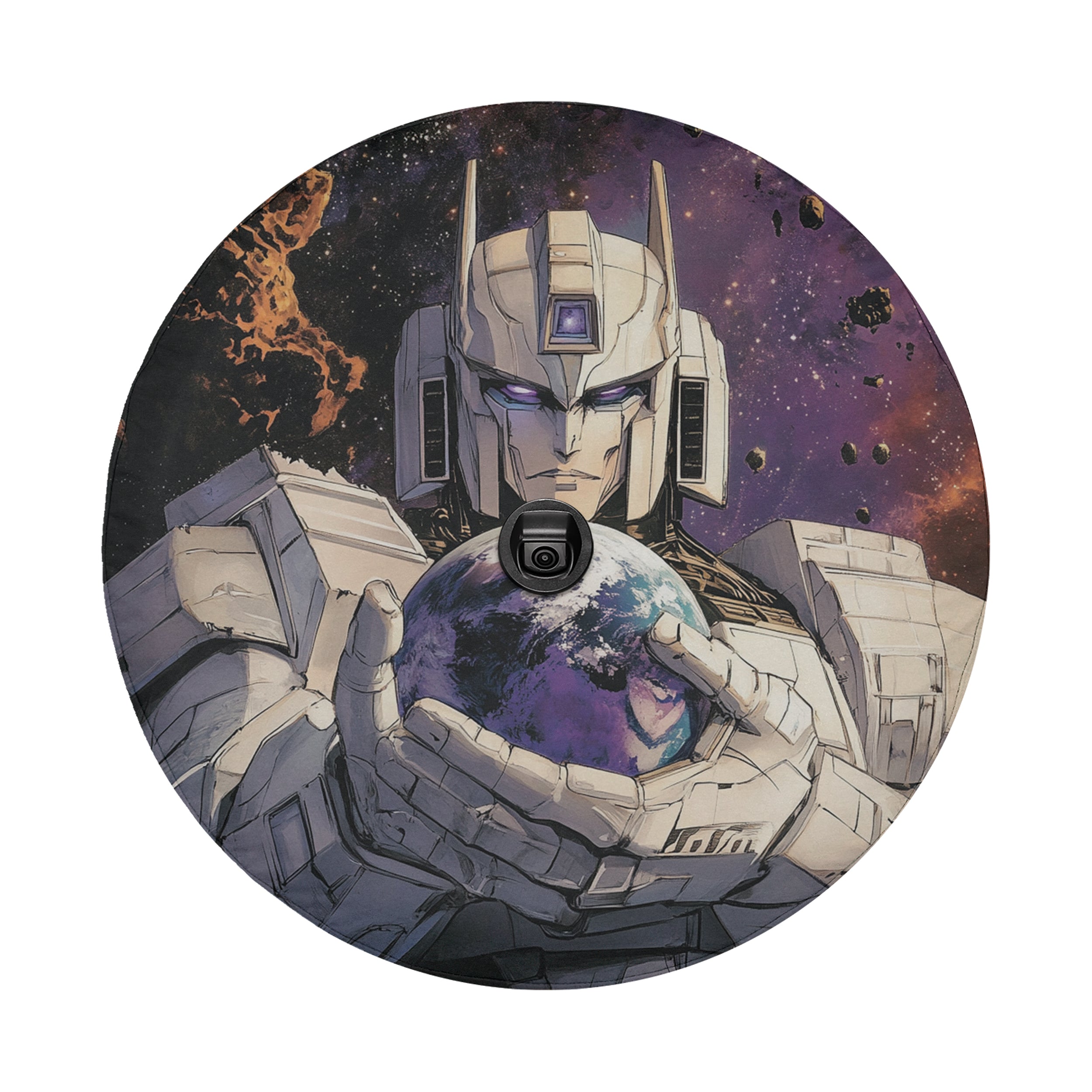 AstroBot Sentinel spare tire cover round flat view with camera cutout and astro robot art