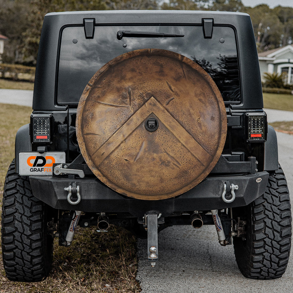 Spartan 300 Shield design printed spare tire cover with optional backup camera hole by Graffix