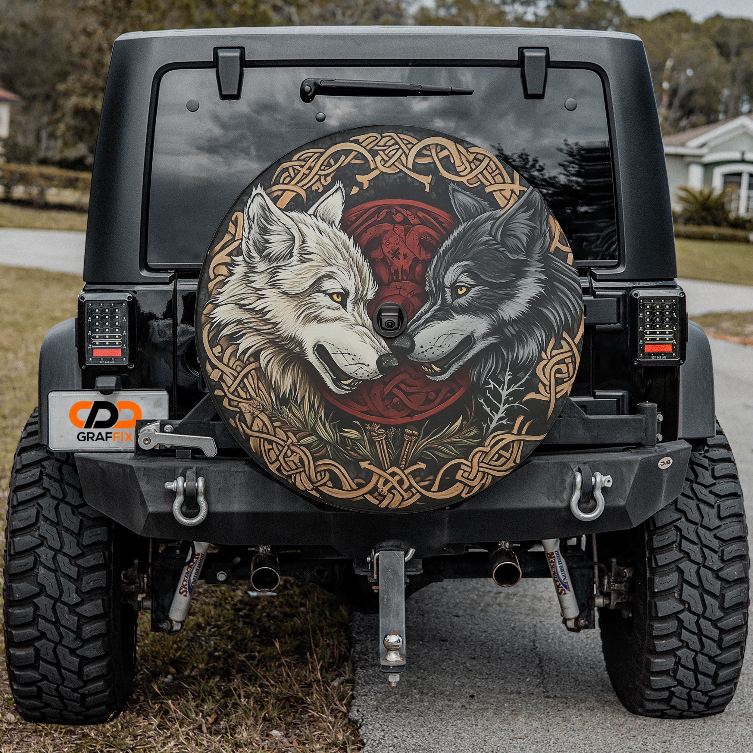 Skoll and Hati Viking wolves spare tire cover fabric and grommet closeup