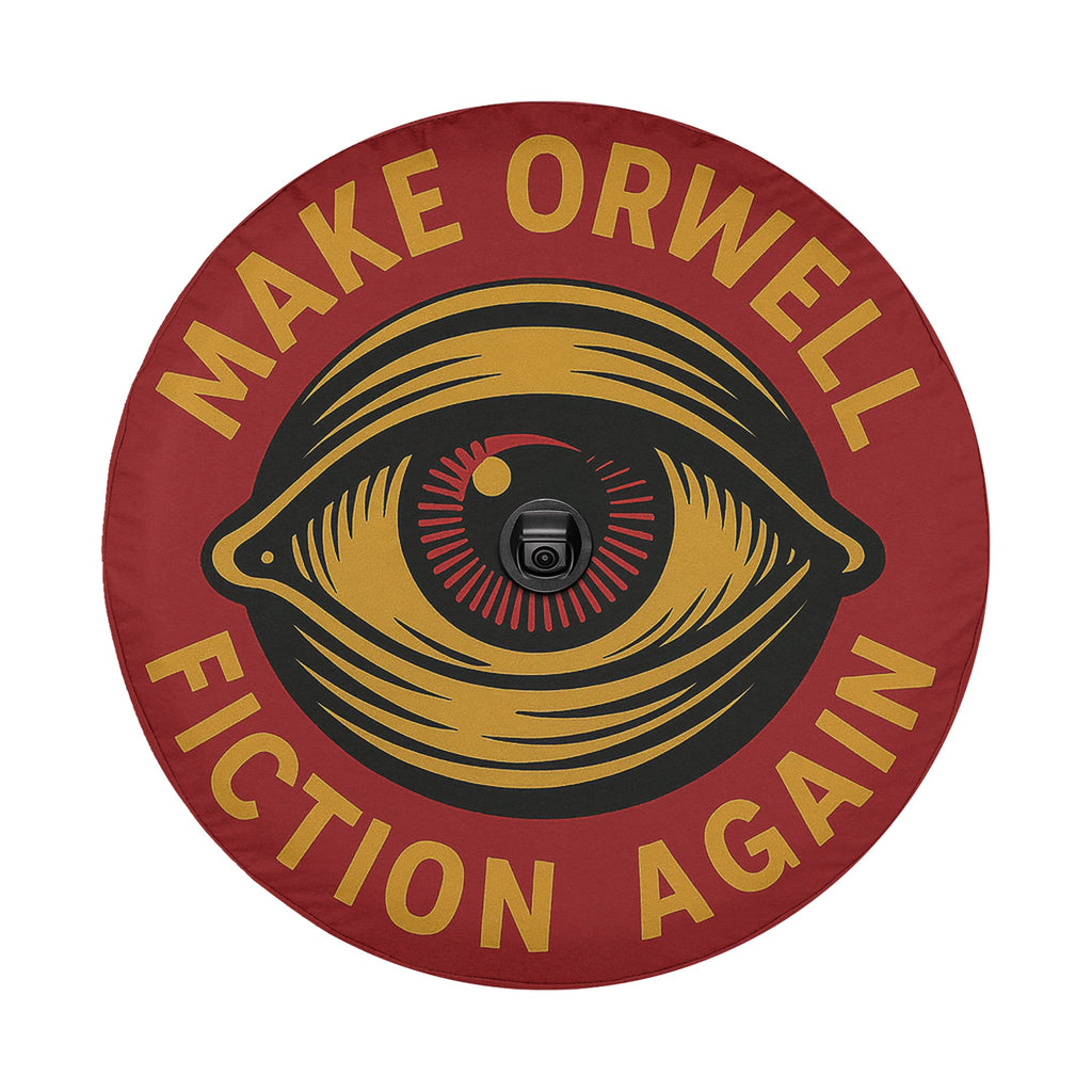 Make Orwell Fiction Again propaganda spare tire cover with backup camera hole on Jeep Wrangler