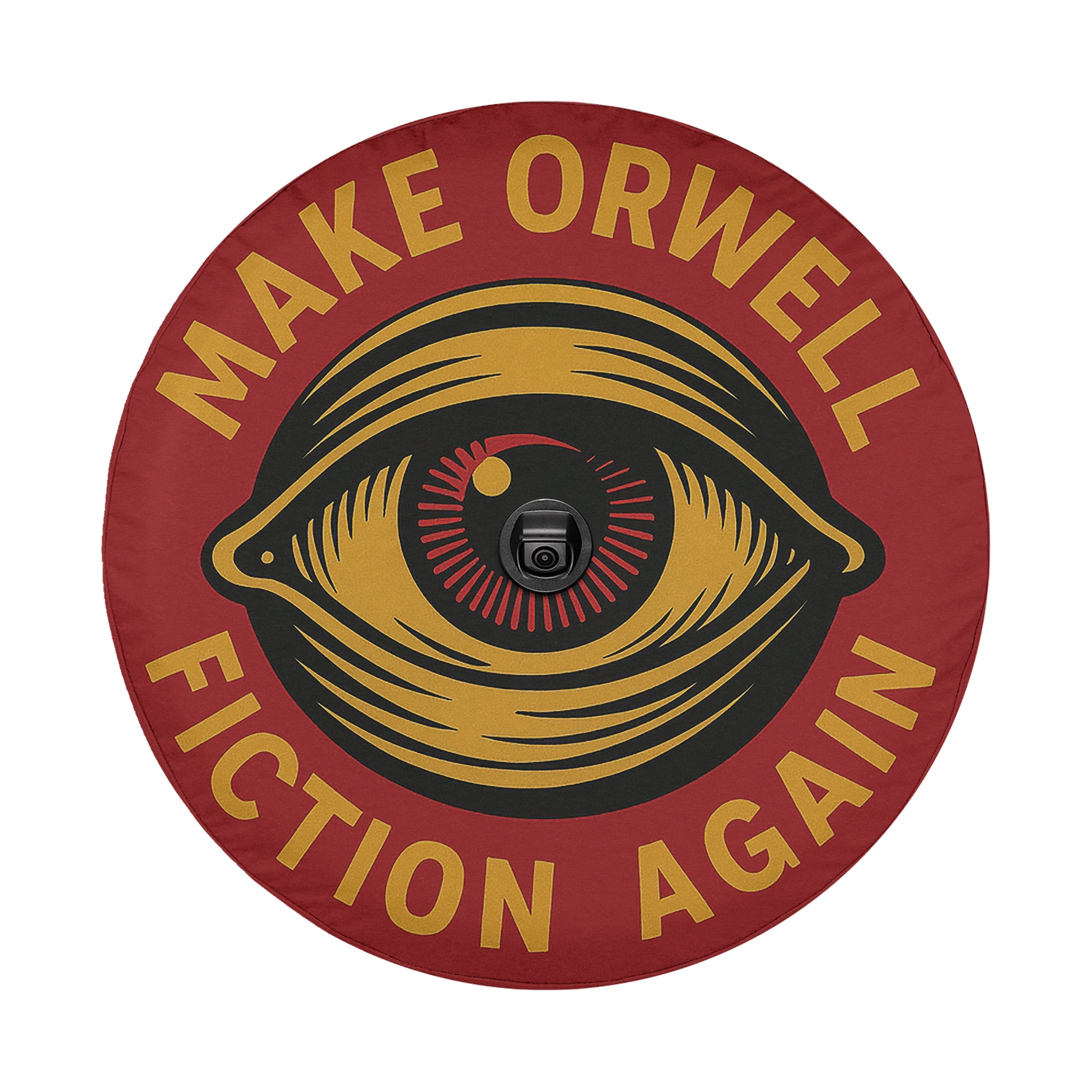 Make Orwell Fiction Again propaganda spare tire cover with backup camera hole on Jeep Wrangler