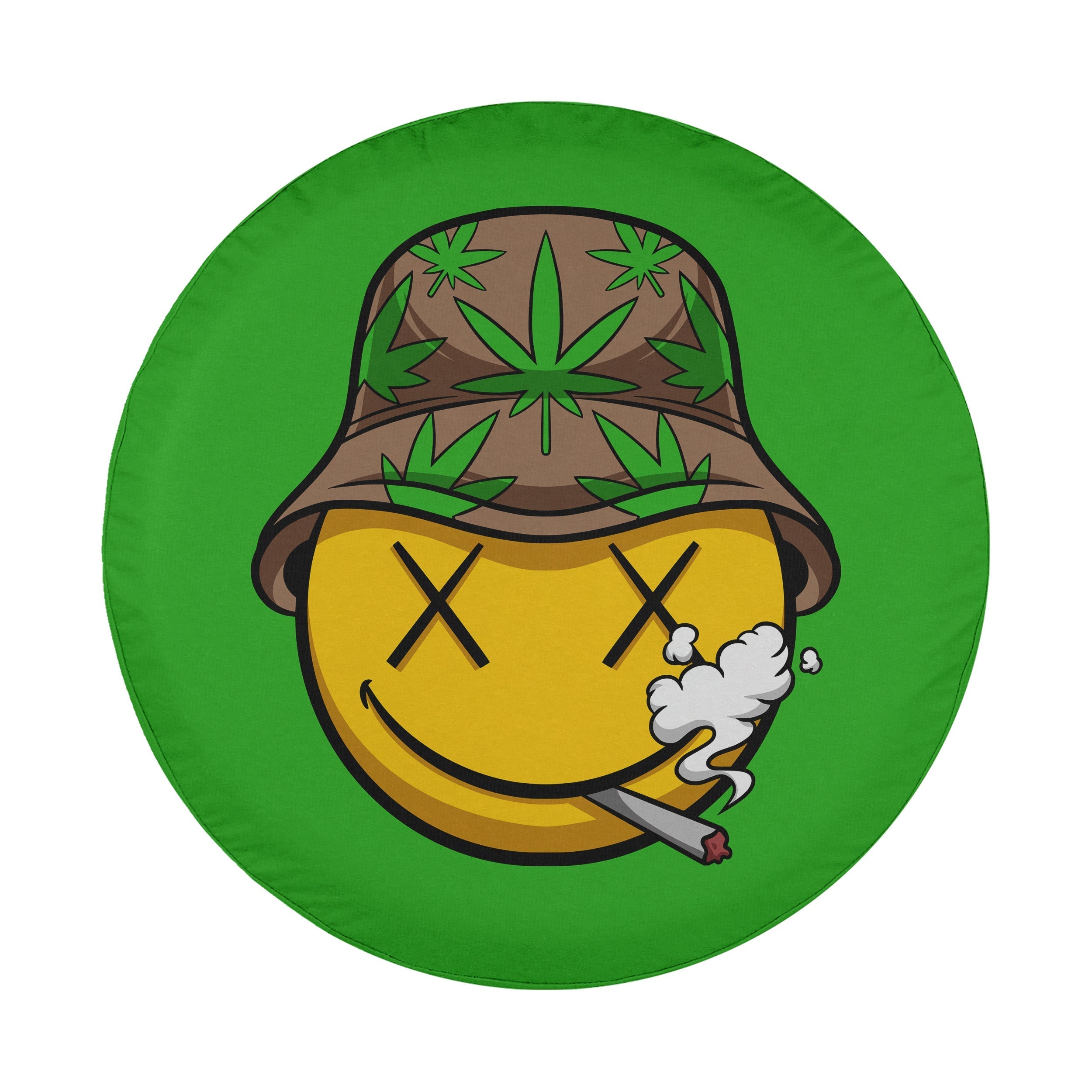 High Times spare tire cover detail of weed leaf bucket hat smiley face with joint and X eyes