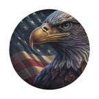 Flat round tire cover art of a majestic bald eagle head with American flag stars and stripes