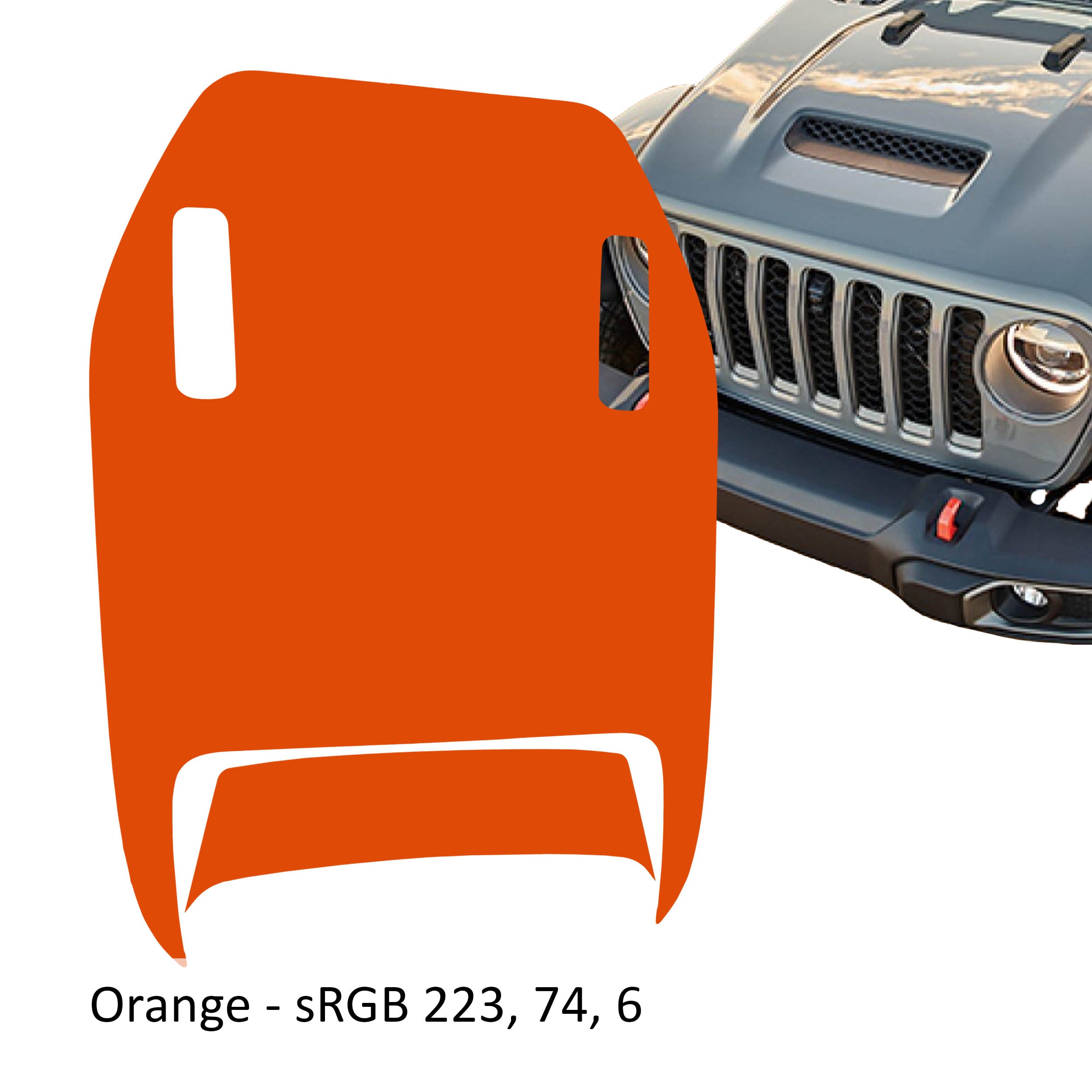 Orange JL JT Mojave 392 clawed foot blackout hood decal shown on transparent transfer sheet preview