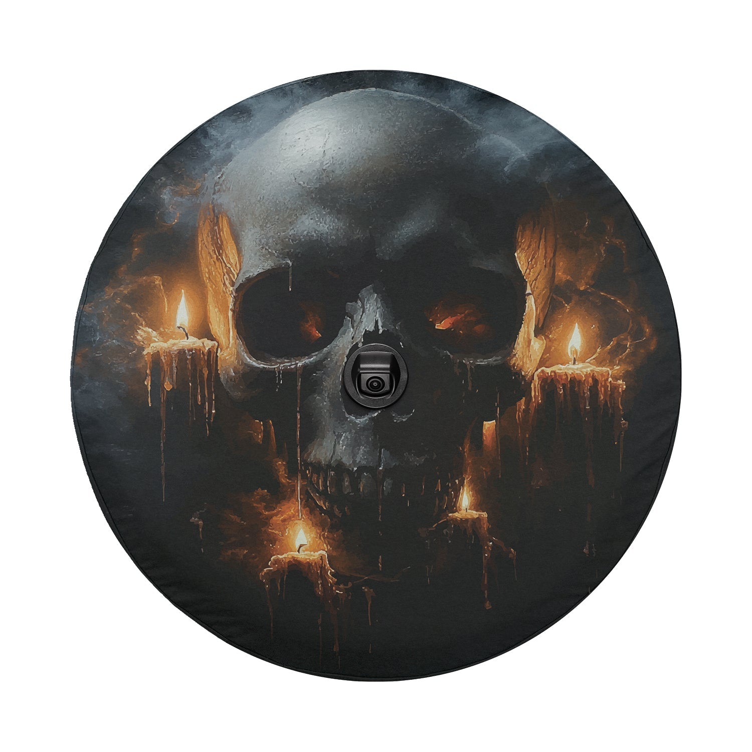 Dark Macabre Skull tire cover Ford Bronco rear mockup desert scene with gothic skull and candle wax