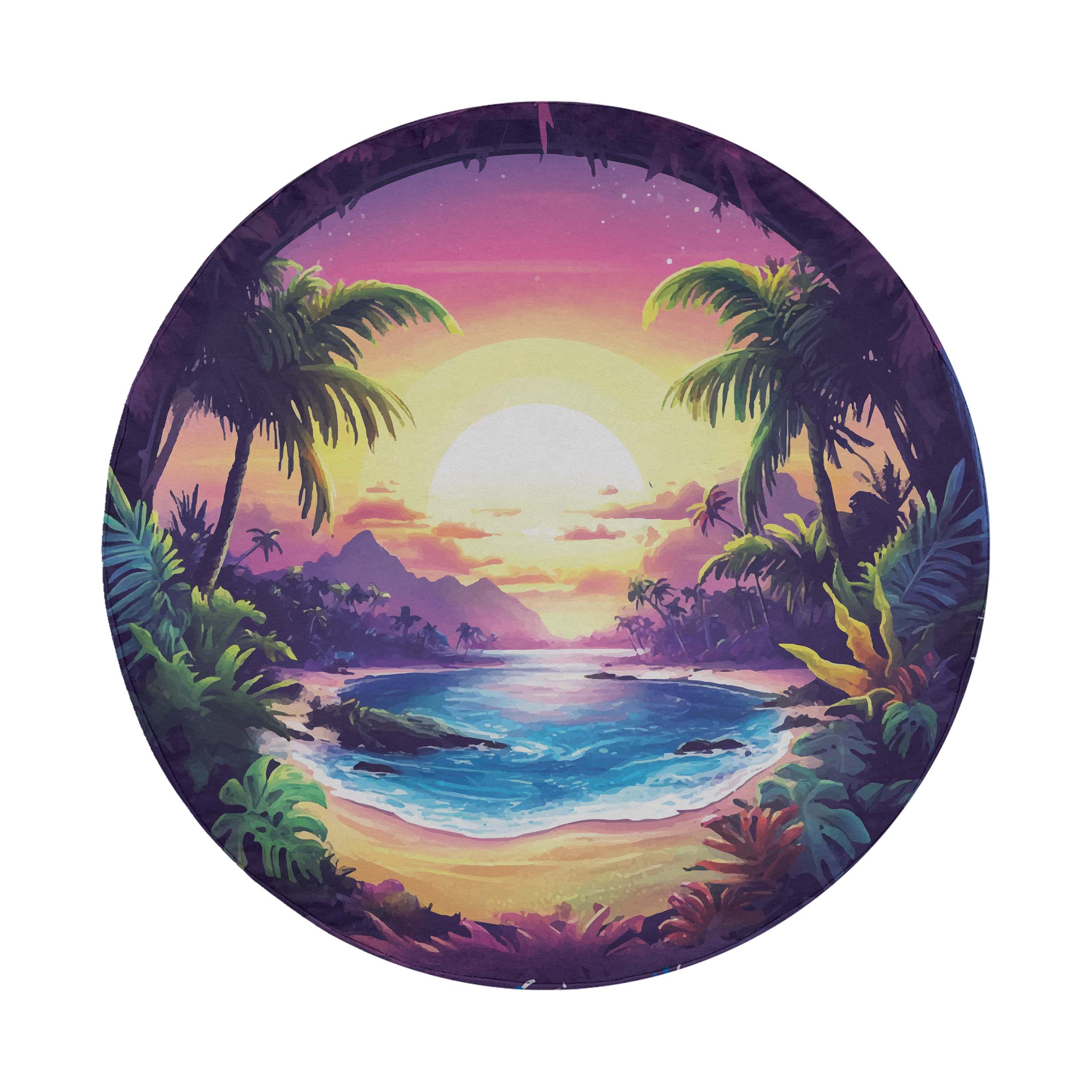 Round paradise sunset tire cover on white tropical lagoon palms purple sky neon sunset beach scene