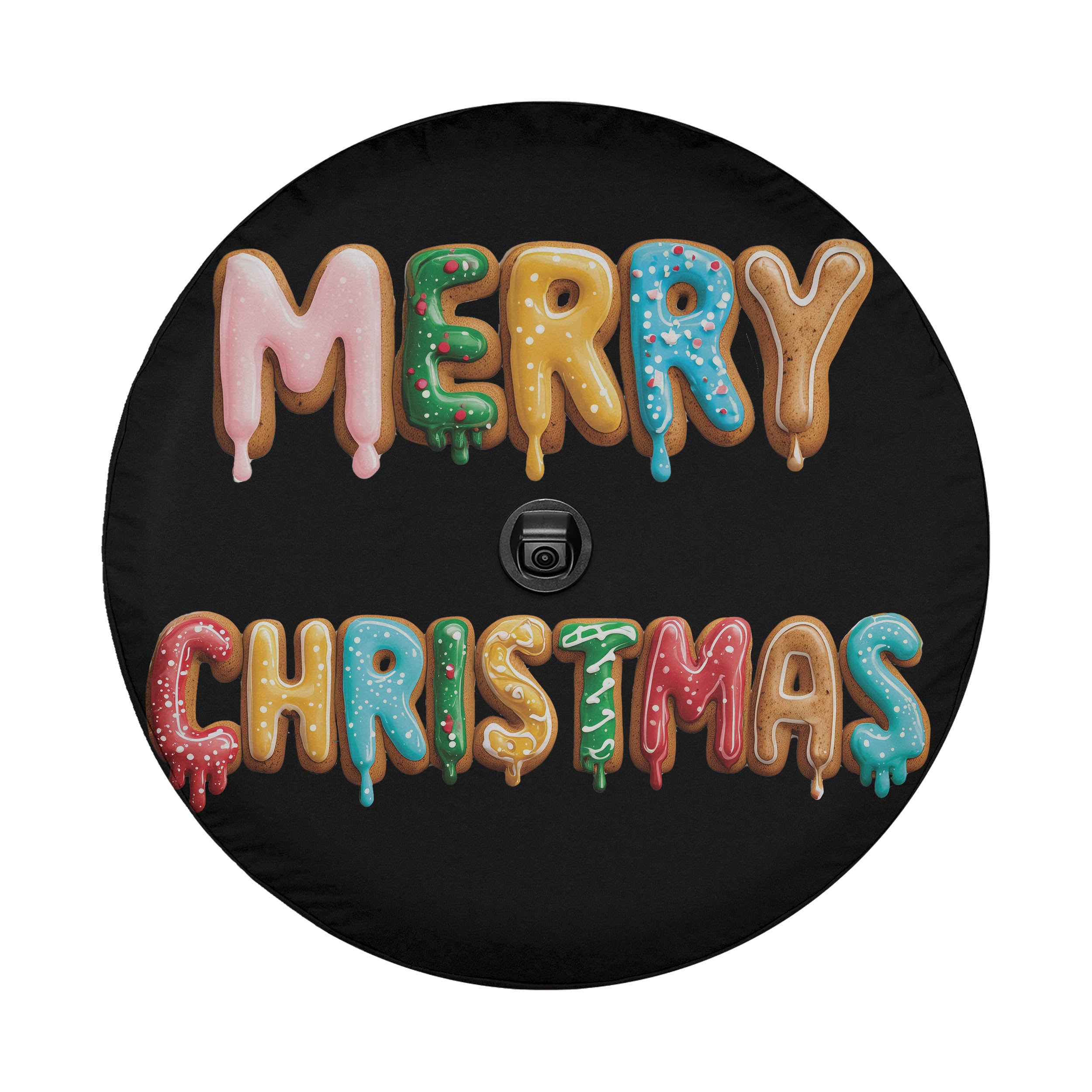 A black tire cover with the text "MERRY CHRISTMAS" written in colorful, dripping letters.
