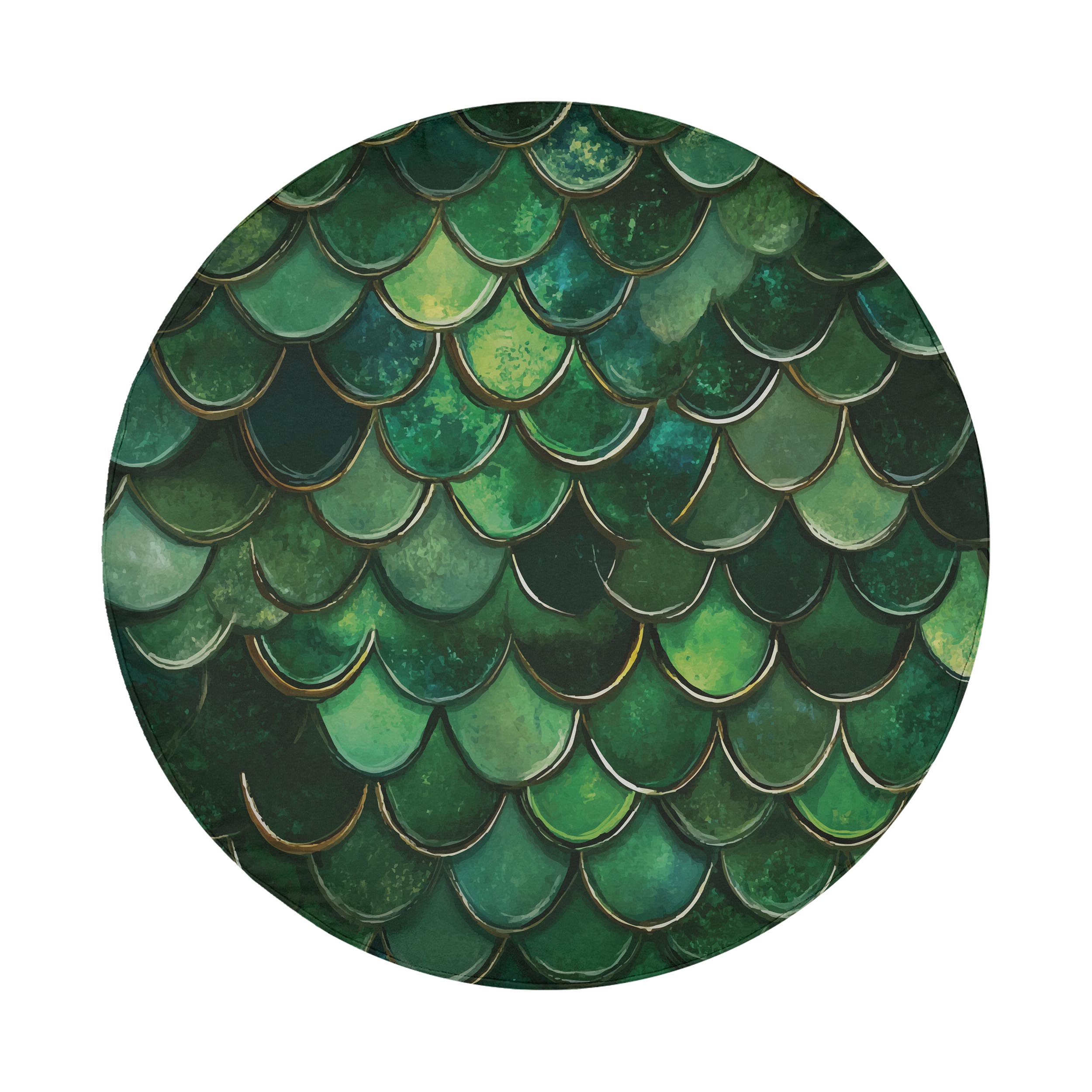 Flat green mermaid scale spare tire cover artwork showing iridescent fish scale circular pattern design