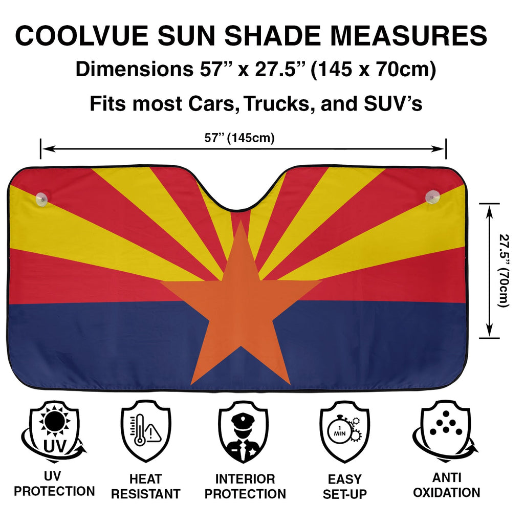 Arizona flag accordion sunshade infographic with 57x27.5 inch size, UV and heat resistant icons