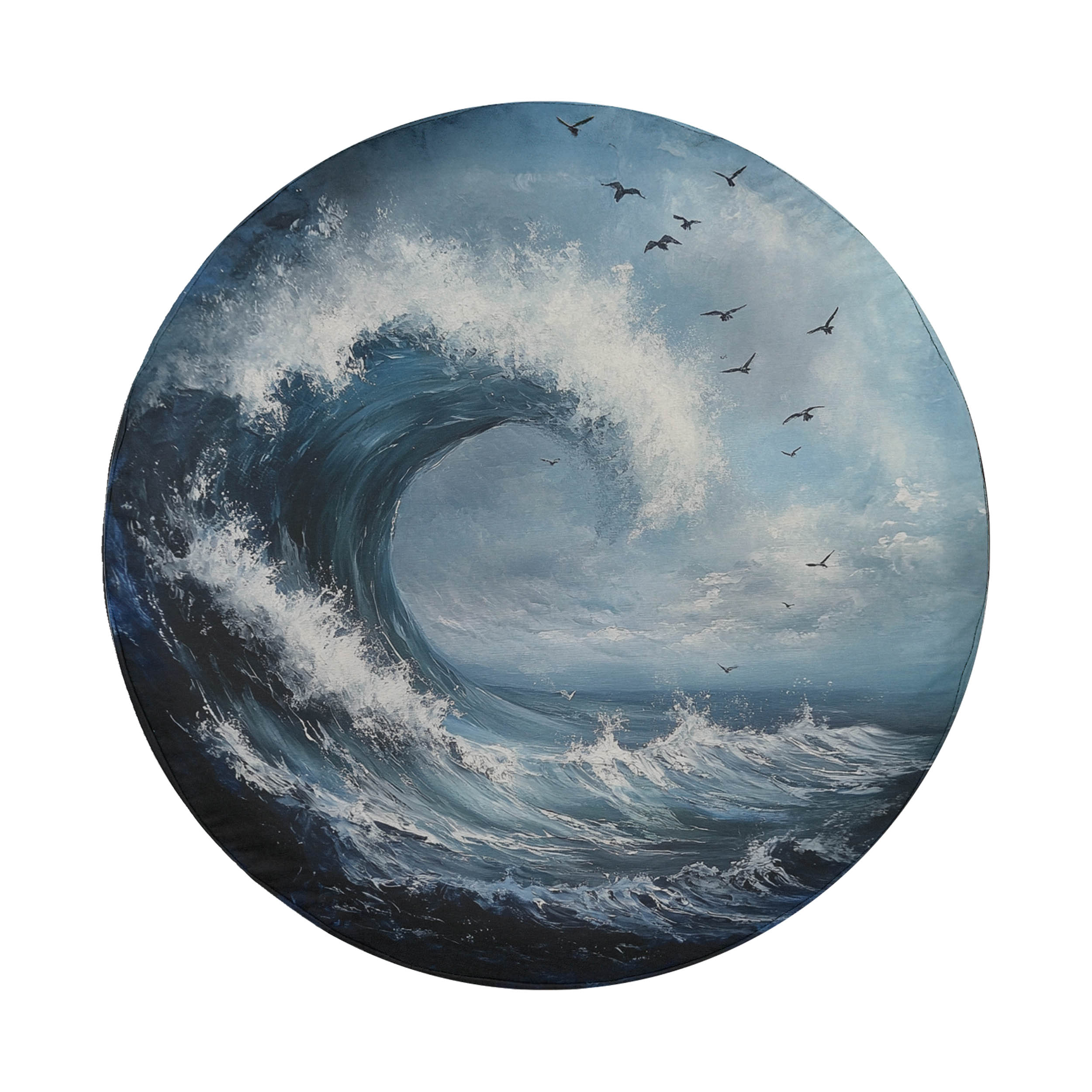 Tidal Wave spare tire cover flat artwork with painted curling ocean wave, seabirds and pale cloud sky