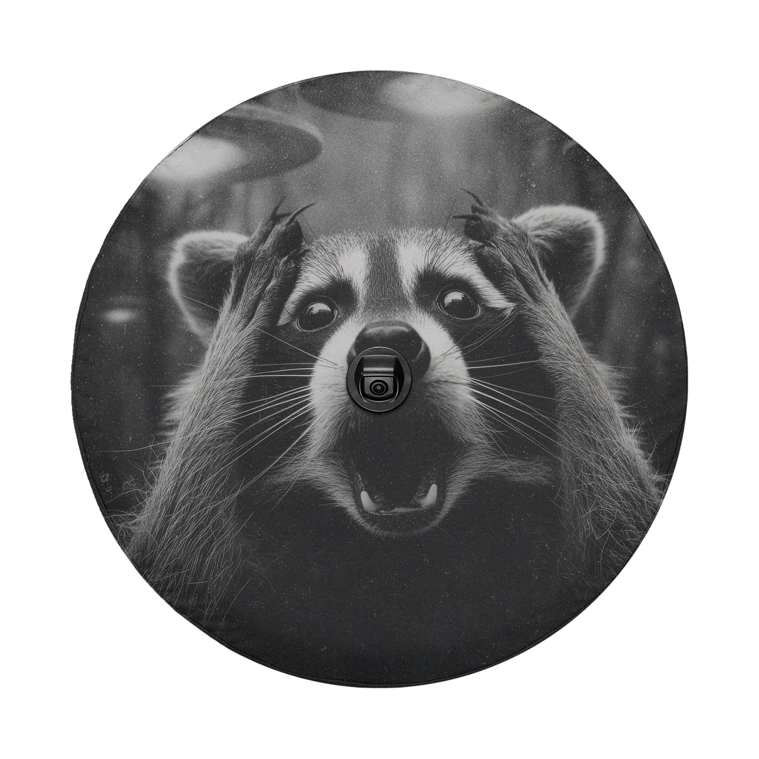 A raccoon with its paws covering its face appears to be looking surprised or startled, with a camera attached to its nose.