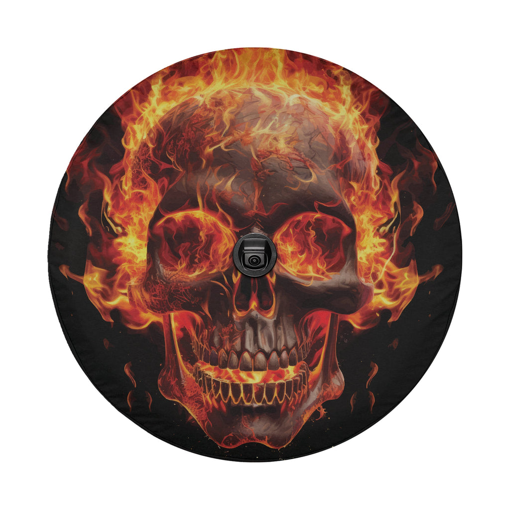Flaming Skull spare tire cover view of burning skull with orange flames on black background