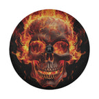Flaming Skull spare tire cover view of burning skull with orange flames on black background