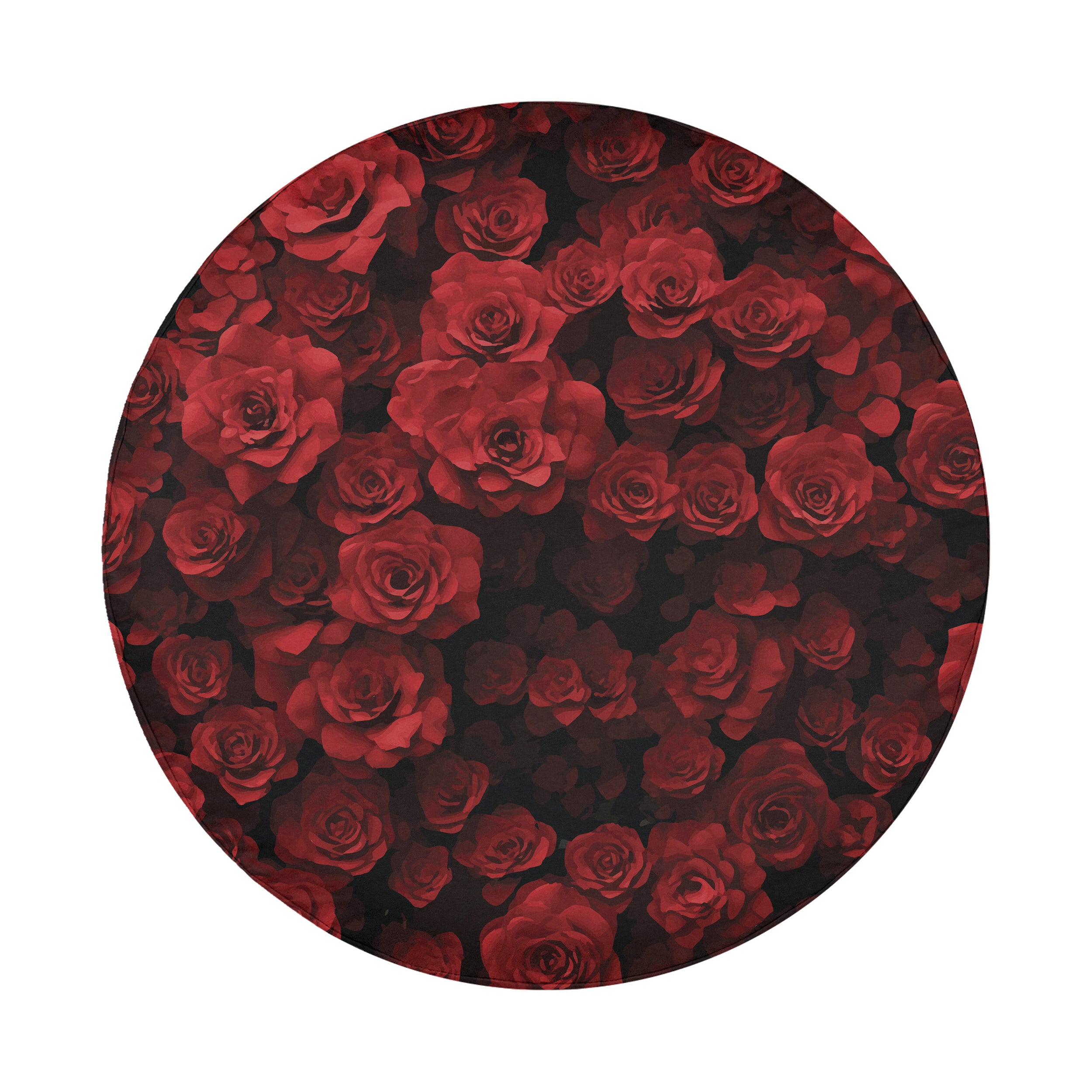 Wheel of Roses spare tire cover lifestyle scene showcasing layered crimson rose blooms art