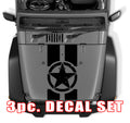 Black distressed Oscar Mike military star three-piece hood stripe decal set on gray Jeep Wrangler