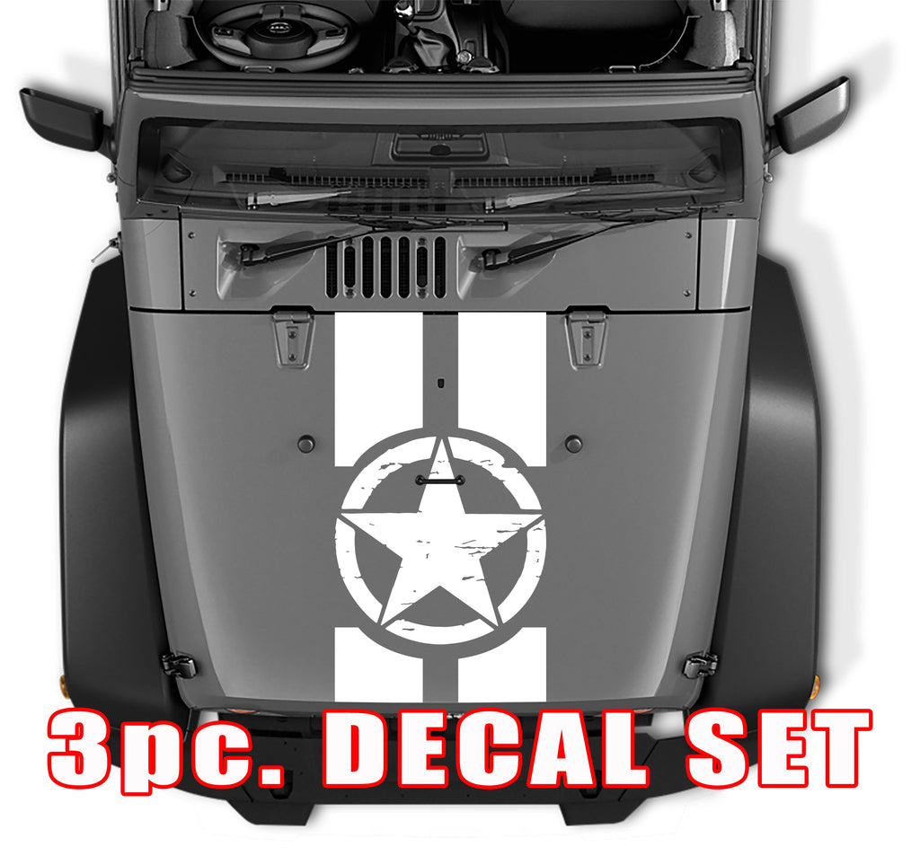 White distressed Oscar Mike military star three-piece hood stripe decal kit shown on gray Jeep hood